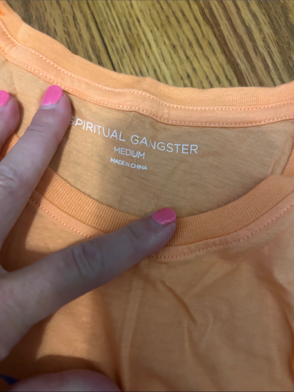 Spiritual Gangster Peach Muscle Tee with Blue Graphic Text - Picture 3 of 3